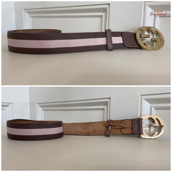 Authentic Gucci Taupe/Pink Web Leather Gold Interlocking G Buckle Belt 80/32 - Picture 10 of 13